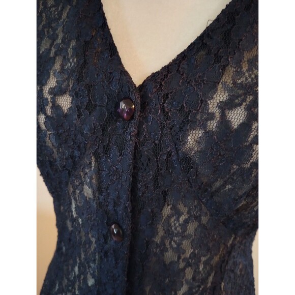 1990s Sheer Lace Dress Medium Navy Blue Button Up Fairy Whimsigoth Romantic - Picture 8 of 11